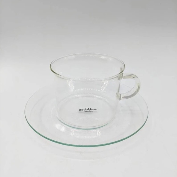 Vintage 1970s Boda Nova Sweden Clear delicate Glass Cup & Saucer Set hot or cold - Picture 1 of 8